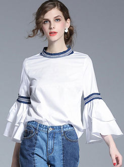 Brief White Flare Sleeve Stand Collar Blouse