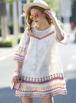 Ethnic Embroidery Lace Patchwork Shift Dress