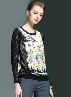 Casual Character Print Lace Patch Hollow T-Shirt