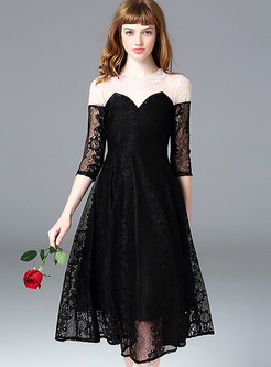 Elegant Patch Hit Color A-Line Lace Hollow Gown Ball Dress