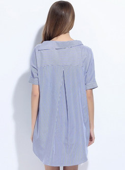 Casual Striped Short Sleeve Asymmetric Embroidery Shirt Dress