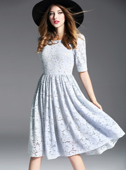 Sweet Lace Pure Color O-neck Half Sleeve Skater Dress