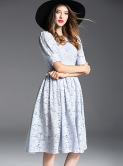 Sweet Lace Pure Color O-neck Half Sleeve Skater Dress