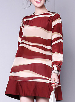 Casual Striped Patch Peplum Loose Long Sleeve Shift Dress