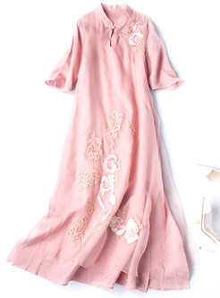 Cute Stand Collar Ethic Embroidery Split Shift Dress