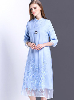 Brief Stand Collar Embroidery Solid Color Shift Dress