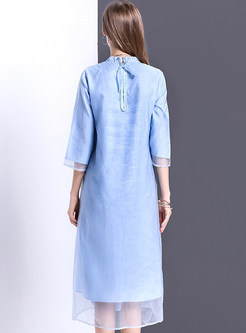Brief Stand Collar Embroidery Solid Color Shift Dress