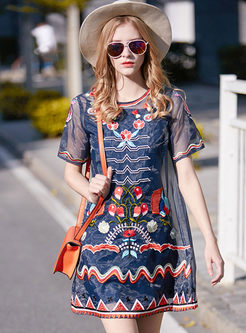 Elegant Loose Embroidery Short Sleeve Shift Dress With Underskirt