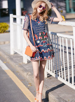 Elegant Loose Embroidery Short Sleeve Shift Dress With Underskirt