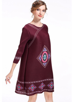 Ethnic O-neck Print Shift Dress