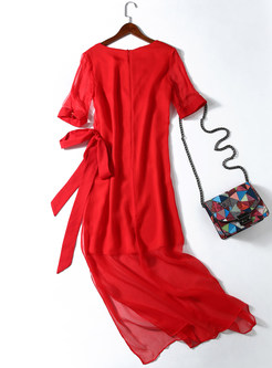 Brief Bowknot Short Sleeve Silk Solid Color Bodycon Dress