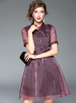Casual A-Line Turn Down Collar Striped Skater Dress