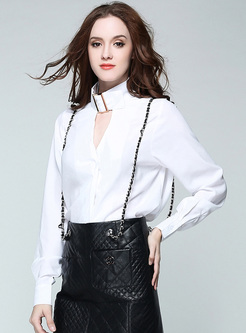 Work Stand Collar Solid Color Slim Hollow Blouse