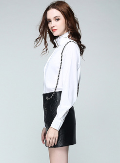 Work Stand Collar Solid Color Slim Hollow Blouse