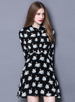 Sweet Animal Print Turn Down Collar A-Line Skater Dress