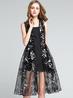Casual Floral Cardigan Mesh A-Line Dress With Underskirt