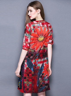Casual Short Sleeve Floral Loose Knee-Length Shift Dress