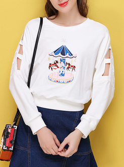 Cute Cartoon Embroidery Hollow Out Sweatshirt