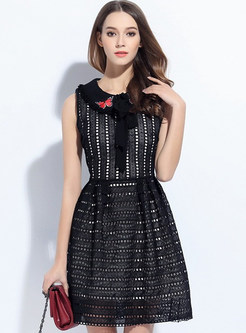 Cute Turn Down Collar Sequined Patch Skater Dress