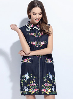 Cute Turn Down Collar Embroidery Sleeveless Shift Dress