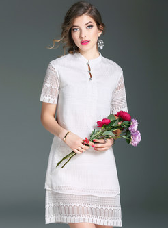 Brief Stand Collar Patch Hollow Embroidery Shift Dress