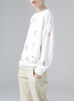 Cute Strawberry Print Puff Sleeve Patchwork Sweatshirt