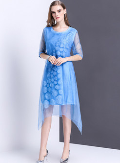 Brief O-Neck Half Sleeve Asymmetric Solid Color Shift Dress