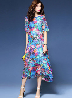 Fashion O-neck Loose Print Ethnic Maxi Dress