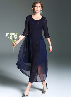 Brief Patch Pleated Embroidery Three Quarters Sleeve Shift Dress