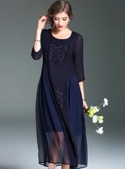 Brief Patch Pleated Embroidery Three Quarters Sleeve Shift Dress