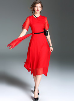 Brief Solid Color Silk Asymmetric A-Line Slim Skater Dress