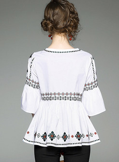 Ethnic Embroidery O-neck Slim Half Sleeve Tops