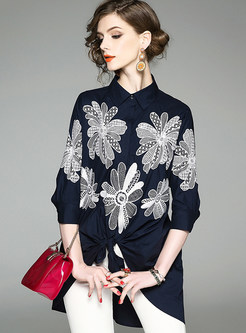 Vintage Embroidery Turn Down Collar Blouse