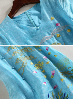 Brief Embroidery V-Neck Short Sleeve Silk Loose Shift Dress