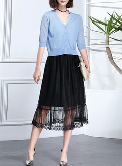 Sweet Patch Mesh Lace A-Line Slim Skirt 