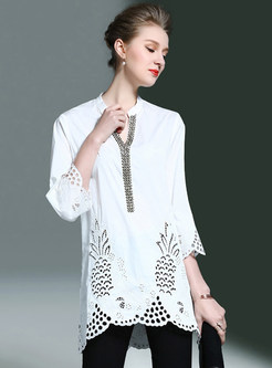 Casual Hollow Embroidery V-Neck Three Quarters Sleeve T-Shirt