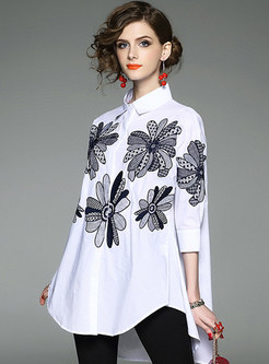 Vintage Embroidery Turn Down Collar Blouse