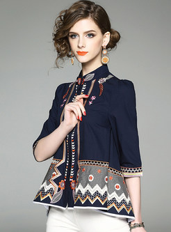 Ethnic Embroidery O-neck Three Quarters Sleeve Blouse