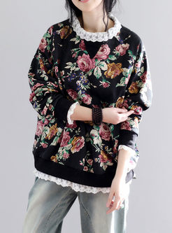 Sweet Lace Patchwork Floral Print Sweatshirt