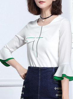 Brief Flare Sleeve Patch O-Neck Hit Color T-Shirt