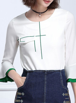 Brief Flare Sleeve Patch O-Neck Hit Color T-Shirt