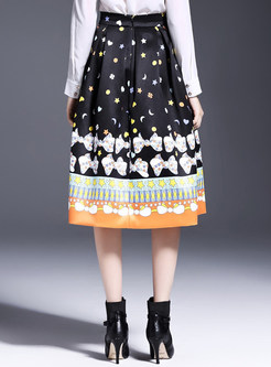Brief Print A-Line Pleated Stylish Skirt