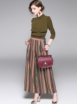 Casual Turn Down Collar Blouse & Striped Wide Leg Pants Outfits