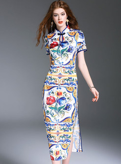 Ethnic Stand Collar Short Sleeve Maxi Dress