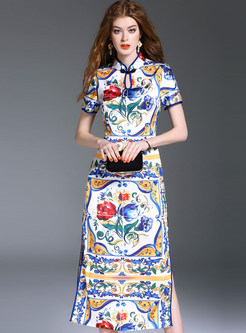 Ethnic Stand Collar Short Sleeve Maxi Dress