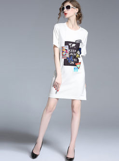 Casual Cartoon Embroidery Short Sleeve T-shirt Dress