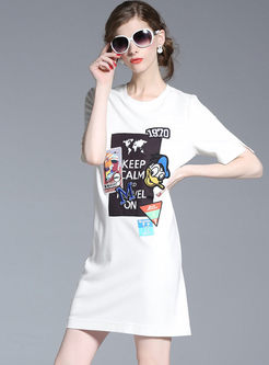 Casual Cartoon Embroidery Short Sleeve T-shirt Dress