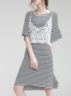 Brief Stripe O-neck T-shirt Dress & Stylish Lace Hollow Out Tanks
