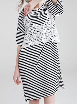 Brief Stripe O-neck T-shirt Dress & Stylish Lace Hollow Out Tanks