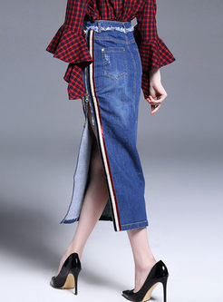 Fashionable Hit Color Slit Denim Skirt